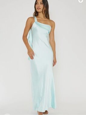 Selfie Leslie One-Shoulder Ice Blue Satin Maxi Dress